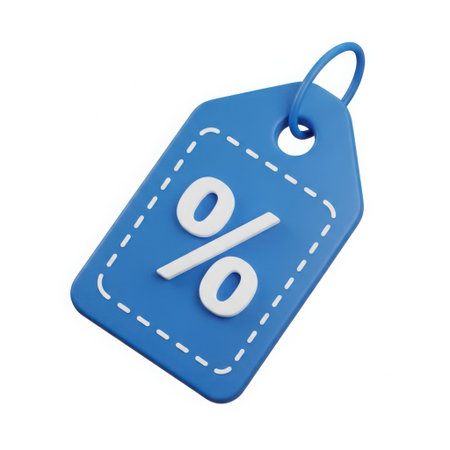A blue price tag with a white percentage symbol is displayed on a clean white background, representing a sale or discount.の素材