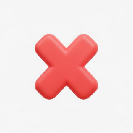 A single, three-dimensional red cross symbol with soft, rounded edges is presented clearly isolated on a plain white background.の素材