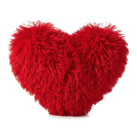 A plush, vibrant red heart-shaped pillow with a soft, fluffy texture, presented isolated on a clean white background.の素材