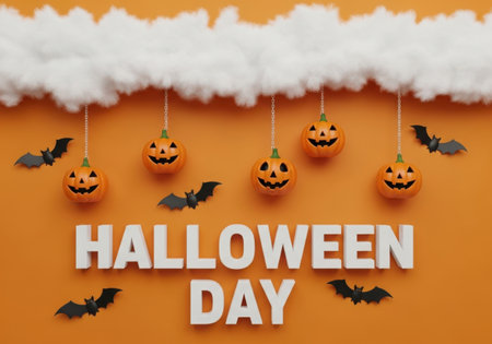 A festive Halloween scene featuring hanging pumpkins and bats against an orange background with fluffy clouds and the words Halloween Day.の素材