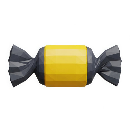 This is a 3D render of a single, cylindrical yellow candy with twisted dark grey foil ends, isolated on a clean white background.の素材