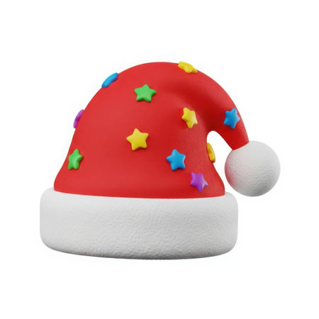 A cheerful red Santa hat with a white trim, adorned with small, colorful star decorations, presented isolated on a clean white background.の素材