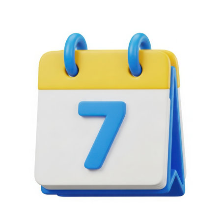 A stylized 3D calendar with a yellow top and blue binding displays the number seven on a white background.の素材