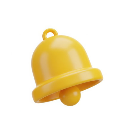 A shiny, bright yellow 3D rendered notification bell icon is presented isolated on a clean white background.の素材