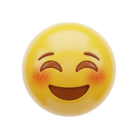 A bright yellow emoji with closed eyes, a wide smile, and rosy blushing cheeks, conveying happiness and joy, isolated on a white background.の素材