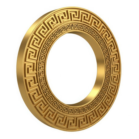 A detailed golden ring featuring a classic Greek key meander pattern, presented in isolation on a clean white background.の素材