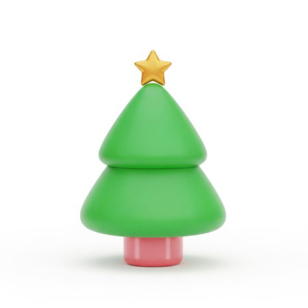 A simple, stylized green Christmas tree with a yellow star on top and a pink base, isolated on a clean white background.の素材