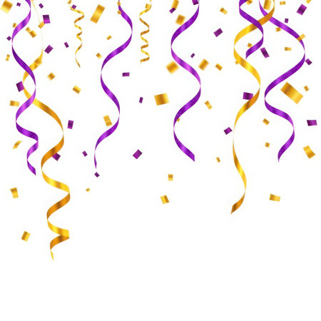 A celebratory scene with cascading purple and gold streamers and scattered confetti, all isolated on a clean white background.の素材