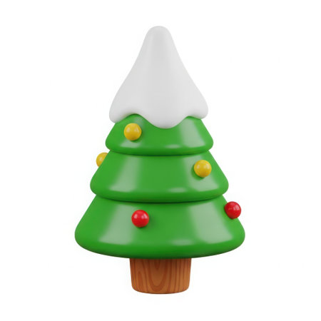A charming, stylized green Christmas tree with a snowy top and colorful ornaments, presented isolated on a clean white background.の素材
