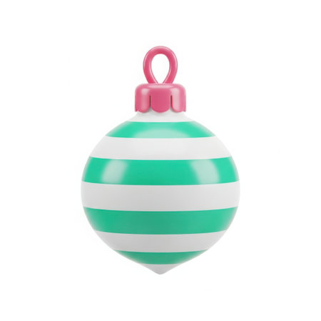 A single, glossy Christmas ornament with alternating green and white stripes, featuring a pink hanger, isolated on a clean white background.の素材