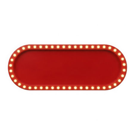 A vintage red oval marquee sign with numerous illuminated bulbs, presented isolated on a clean white background.の素材