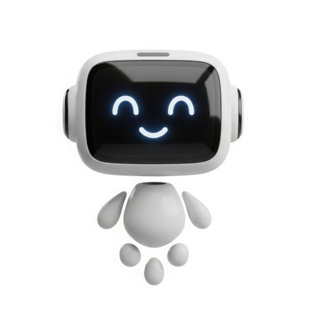 A small, friendly cartoon robot with a glowing happy face on its screen, presented isolated on a clean white background.の素材