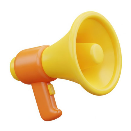 A vibrant 3D illustration of a megaphone in orange and yellow, presented clearly isolated on a plain white background.の素材