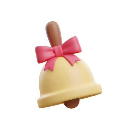 A charming 3D render of a yellow bell adorned with a pink bow, presented on a clean white background.の素材