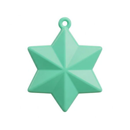 A single, teal colored, six-pointed star ornament with a hanging loop, presented isolated on a clean white background.の素材