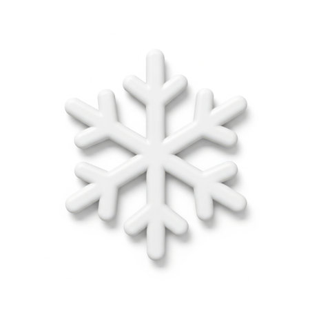 A single, detailed white snowflake casting a soft shadow, presented cleanly isolated on a white background.の素材