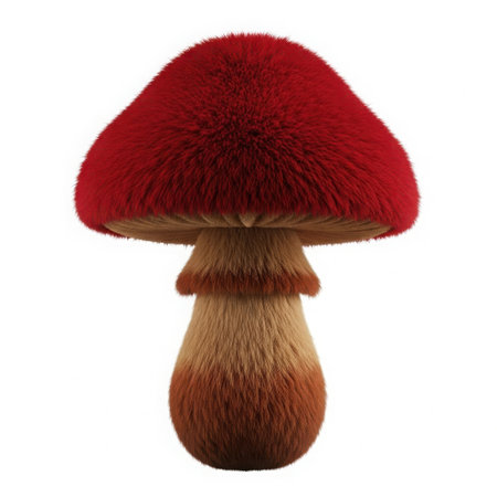 A single, bright red mushroom with a fuzzy cap and a detailed stem stands alone on a clean white background.の素材