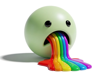 A light green, cartoon-like face with sad eyes and an open mouth expels a stream of vibrant rainbow-colored liquid, suggesting illness, nausea, or a comical depiction of overindulgence.の素材