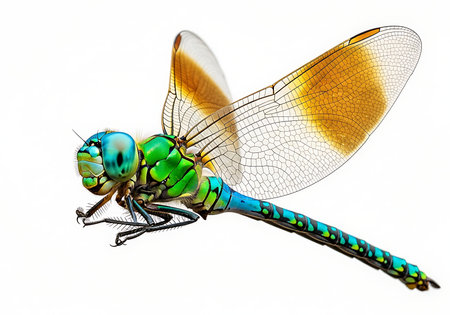 A striking close-up showcases a brilliant green and blue dragonfly with translucent, amber-tinged wings. Its intricate details are captured as it hovers, a marvel of nature's design.の素材