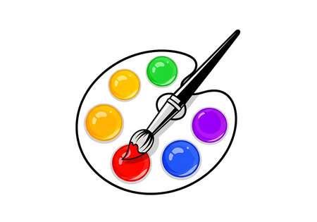 A classic artist's paint palette is displayed, featuring six colorful paint blobs. A brush is poised, loaded with vibrant red paint, ready to create.の素材