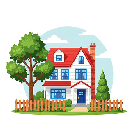 A delightful illustration of a two-story house featuring a red roof, bright windows, and a chimney. Surrounded by a lush green tree, a small evergreen, and a rustic wooden fence, it evokes a sense of home and tranquility.の素材