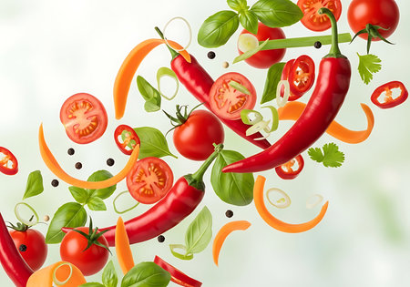 Dynamic aerial shot captures a vibrant explosion of fresh, ripe tomatoes, fiery chili peppers, and aromatic herbs suspended in motion, creating a visually stunning culinary art piece.の素材