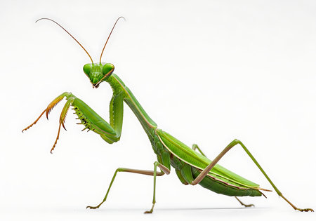 A stunning macro photograph captures the intricate details of a vibrant green praying mantis. Its unique predatory stance and delicate antennae are sharply in focus, showcasing nature's fascinating insect.の素材