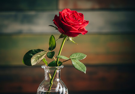 A vibrant single red rose stands elegantly in a clear glass vase. Soft natural light highlights its intricate petals and delicate stem, conveying timeless romance and natural beauty.の素材