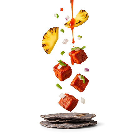 Experience culinary artistry with this dynamic image of fresh ingredients in motion. Cubes of red food, pineapple slices, and herbs cascade, creating an appetizing and vibrant display of food preparation.の素材