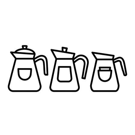 A clean, minimalist depiction of three distinct pitchers, likely for coffee or beverages. Their outlines offer a clear and simple visual representation ideal for various design applications.の素材