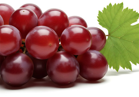 A vibrant cluster of ripe red grapes, showcasing their plump, glossy texture and rich color. A single green grape leaf adds a touch of natural beauty. Perfect for healthy eating and culinary inspiration.の素材
