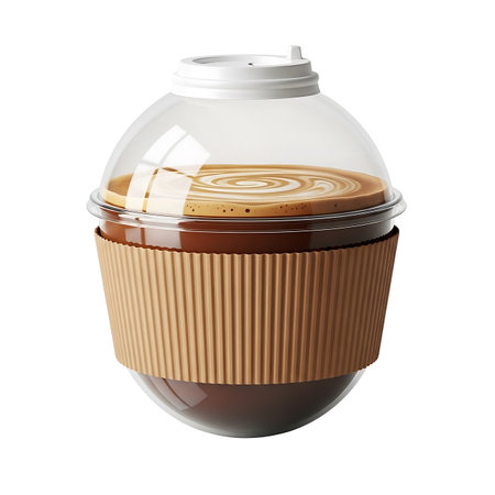 A transparent plastic coffee cup with a domed lid, showcasing a beverage and a brown corrugated cardboard sleeve for grip. Perfect for to-go orders and beverages.の素材