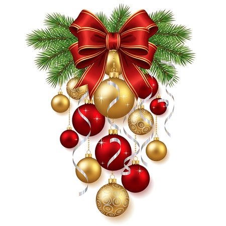 Celebrate the holiday season with this beautiful arrangement of red and gold Christmas ornaments cascading from a vibrant red ribbon and lush green fir branches. Perfect for festive decorations.の素材