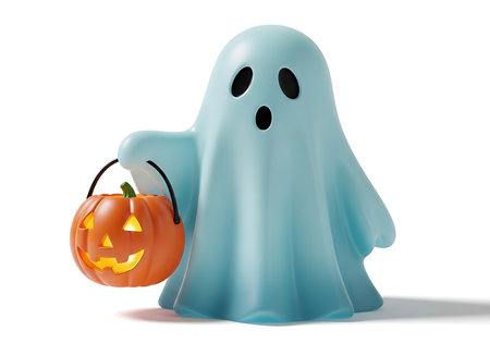 A charming light blue ghost figure, complete with cutout eyes and mouth, carries a small, glowing jack-o'-lantern candy pail. Perfect for evoking Halloween spirit and trick-or-treating fun.の素材