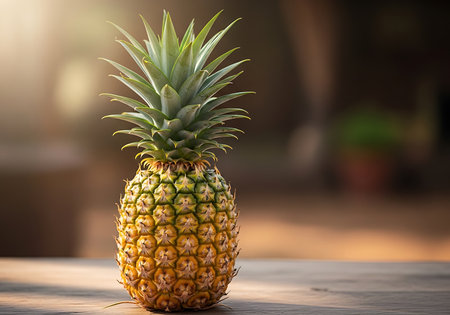 A ripe, golden pineapple stands tall, its spiky green crown reaching upwards. The textured rind and segmented body showcase its natural beauty. Perfect for refreshing drinks and vibrant dishes.の素材