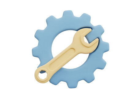 A simple icon featuring a wrench crossed over a gear, representing concepts of mechanical repair, service, maintenance, and engineering. Ideal for technical or industrial themes.の素材