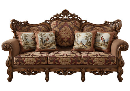 An ornate antique sofa with decorative pillows is isolated on a white background, showcasing its vintage luxury and elegant design in a studio shot.の素材