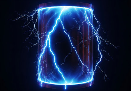 A mesmerizing Tesla coil emits brilliant blue lightning bolts, illuminating the dark environment and showcasing the raw power of electricity in a captivating display.の素材