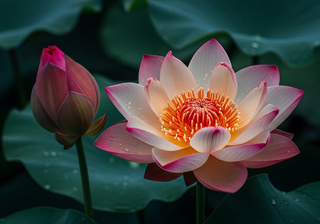 A delicate pink lotus flower with vibrant orange stamens opens its petals, revealing its inner beauty next to a tightly closed bud. Surrounded by the deep green of lily pads, this scene evokes tranquility.の素材