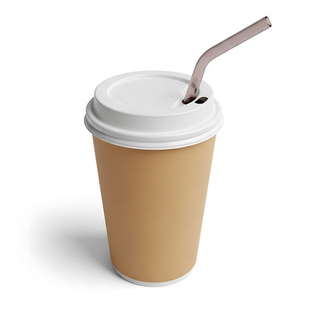 A simple, disposable paper coffee cup with a white lid and a bent gray straw. Ideal for representing beverages and quick service.の素材