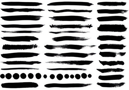 A set of black brush strokes and dots on a white background. These artistic elements vary in size and shape, providing a diverse collection for graphic design and creative projects. Ideal for adding texture and depth.の素材