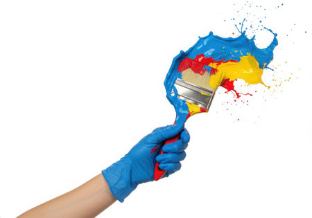 A hand wearing a blue glove holds a paintbrush covered in vibrant blue, red, and yellow paint. The paint is splashing and creating a dynamic, colorful effect against the white backdrop.の素材