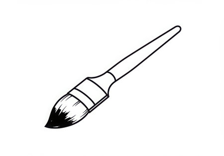 A simple illustration of a paint brush with a black outline. The brush has a wooden handle and bristles, suggesting its use for painting or artistic endeavors. Isolated on a white background.の素材