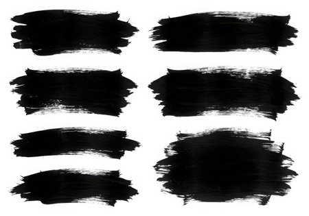A set of eight black brush strokes with rough edges, creating an abstract and textured design element. The strokes vary in size and shape, providing a dynamic and artistic feel, isolated on a white background.の素材