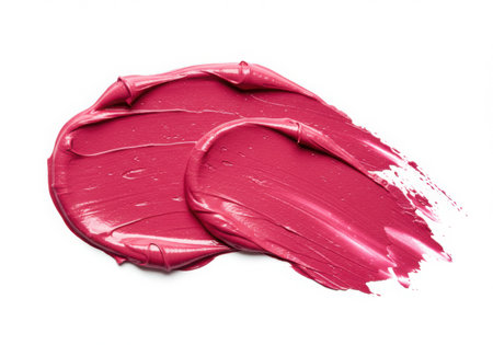 Close-up of a vibrant pink lipstick smear on a white background. The creamy texture and glossy finish are clearly visible, showcasing the beauty product's rich color and smooth application.の素材