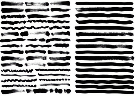 A set of black ink brush strokes with varying shapes and textures. Includes straight, wavy, and irregular lines, creating a versatile collection for artistic and design applications. Isolated on white.の素材
