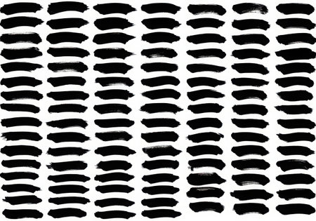 A set of black paint brush strokes arranged in a repeating pattern. The strokes vary slightly in shape and size, creating a textured, artistic effect. Isolated on a white background, ideal for graphic design.の素材