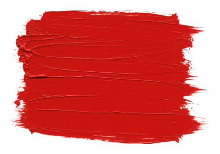 A vibrant red paint stroke with a textured surface, applied with a brush. The smear of color creates an artistic element against a white backdrop, ideal for design and creative projects.の素材