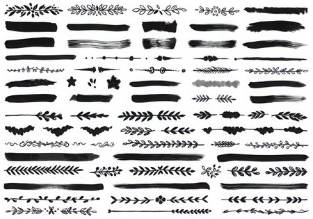 A set of black decorative dividers and borders. Includes floral, branch, and line designs for adding a touch of elegance to any creative project. Perfect for invitations, cards, or web design.の素材