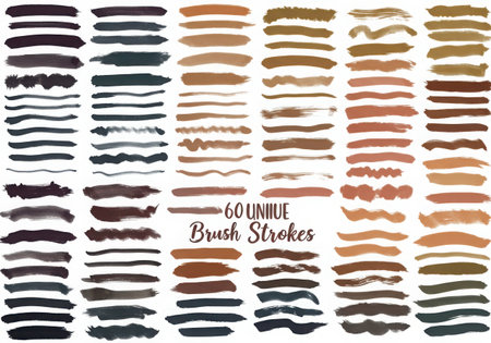 A set of sixty unique brush strokes in varying shades of brown and gray. These strokes are perfect for adding a touch of artistic flair to any design project, isolated on a clean white background.の素材